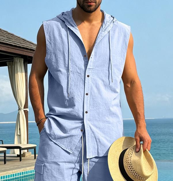 Linen Sleeveless Hooded Shirt in Khaki Navy Azure Gray Caramel Black White Army Green