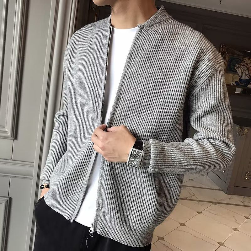 Ribbed Knit Zip-Front Cardigan in Apricot Black or Gray