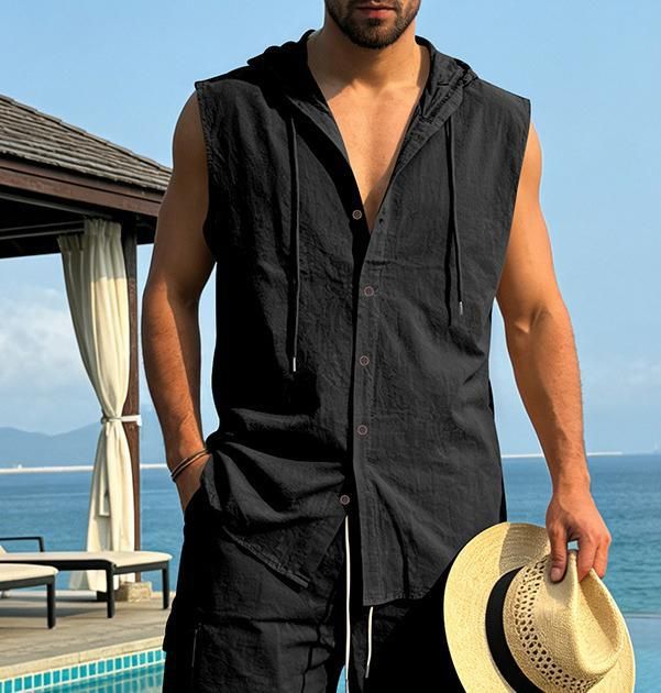 Linen Sleeveless Hooded Shirt in Khaki Navy Azure Gray Caramel Black White Army Green