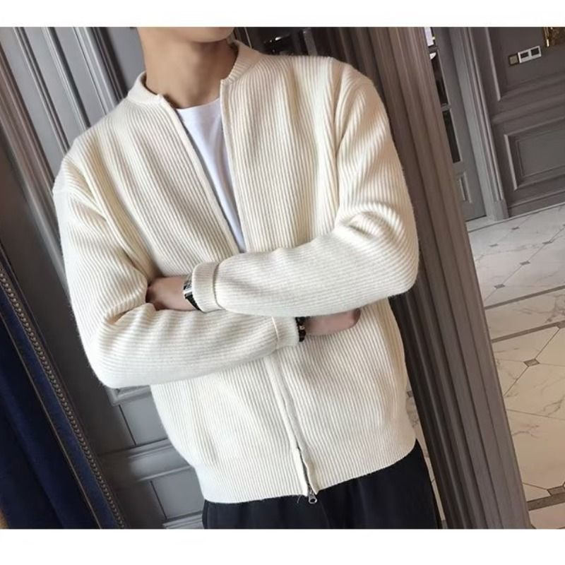 Ribbed Knit Zip-Front Cardigan in Apricot Black or Gray