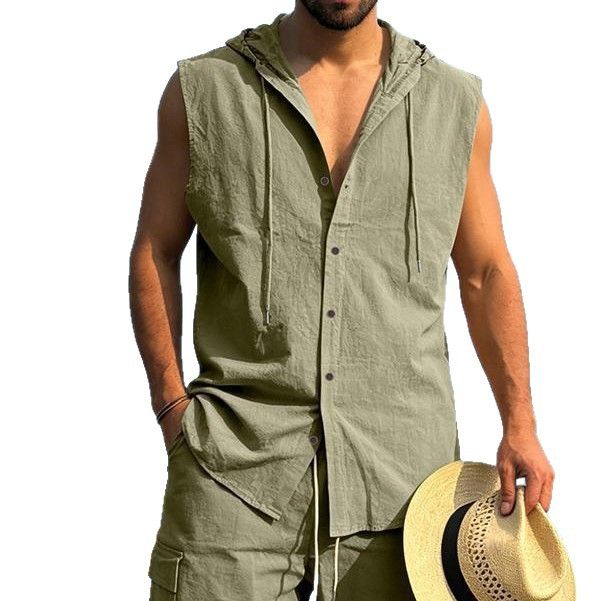 Linen Sleeveless Hooded Shirt in Khaki Navy Azure Gray Caramel Black White Army Green