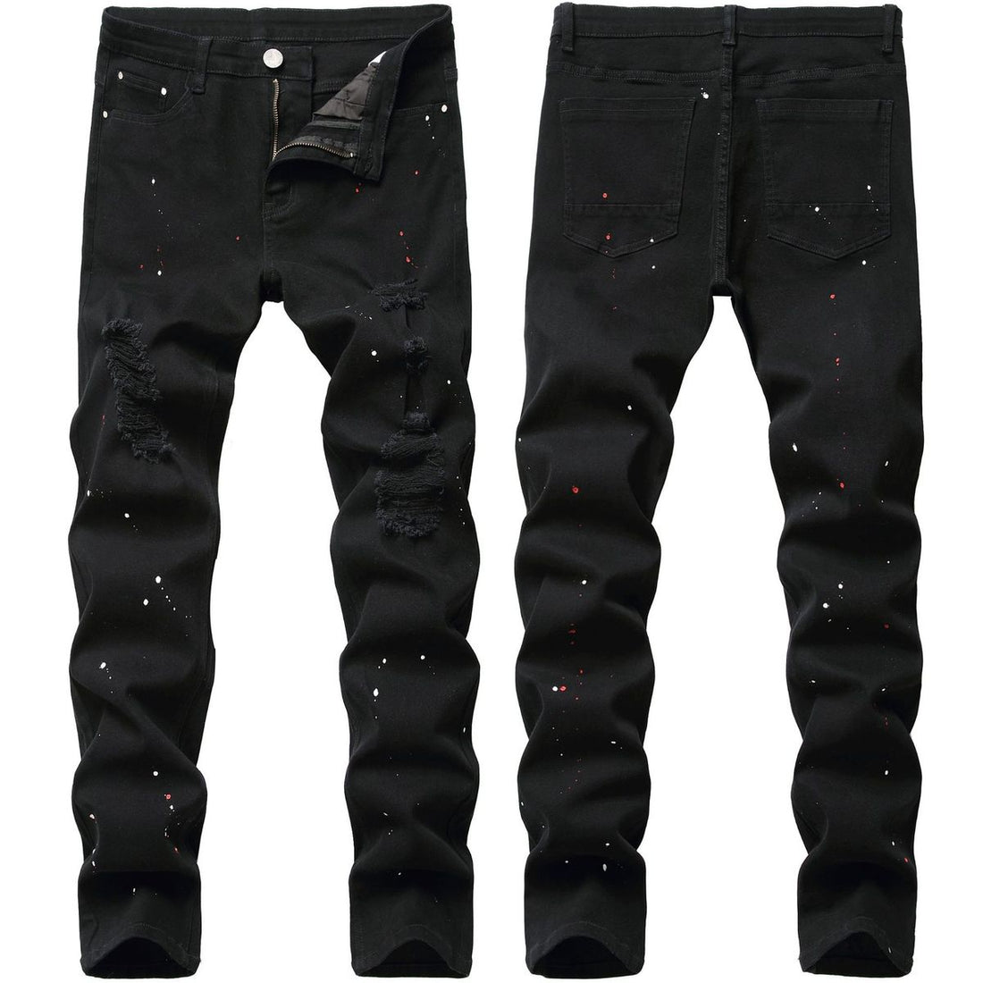 Black Stretch Slim-Fit Jeans with Star Speckle Print and Ripped Details