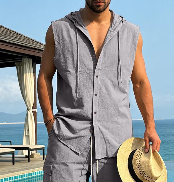 Linen Sleeveless Hooded Shirt in Khaki Navy Azure Gray Caramel Black White Army Green