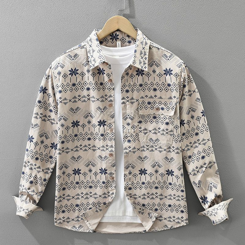 Geometric palm print long sleeve button-up shirt