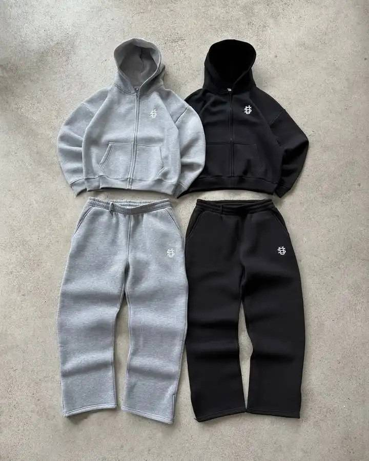 Black and light gray embroidered tracksuit set with wide leg pants