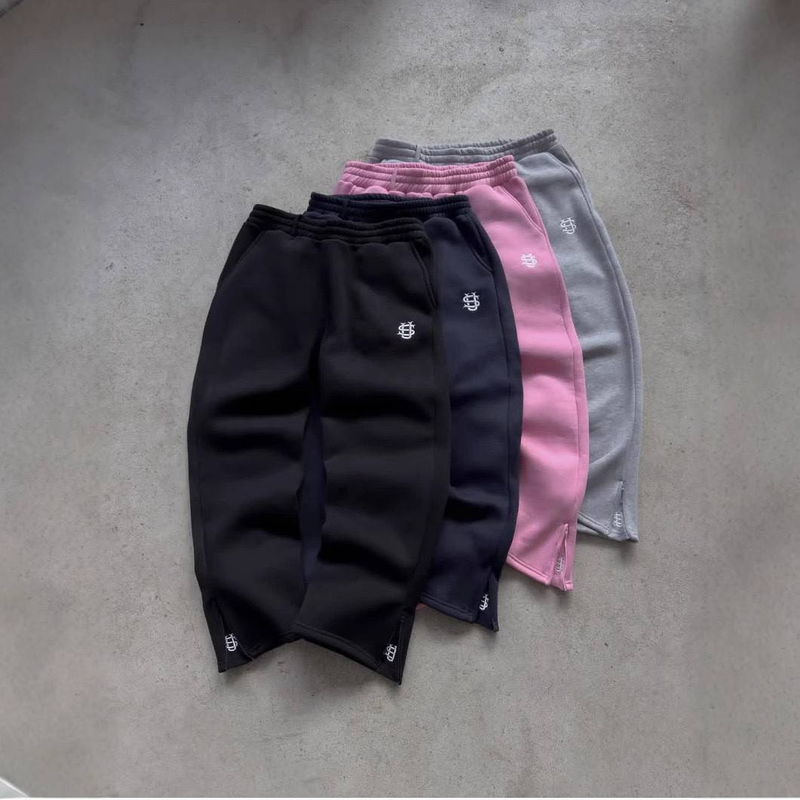 Black and light gray embroidered tracksuit set with wide leg pants