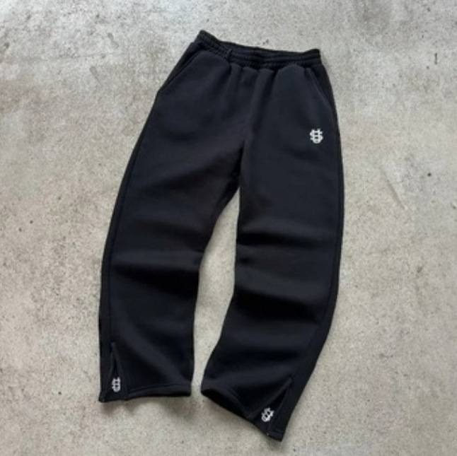 Black and light gray embroidered tracksuit set with wide leg pants
