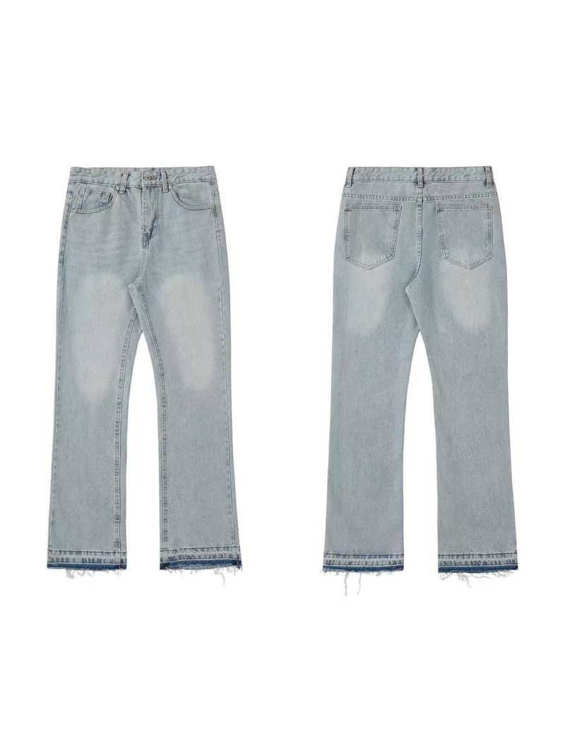 Distressed flared jeans with frayed hem and vintage grey wash