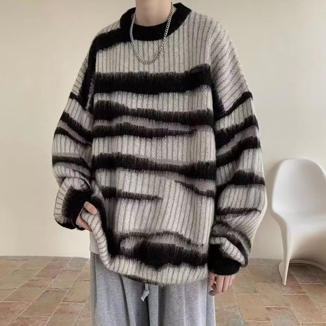 Black and Blue Striped Fuzzy Knit Sweater with Ribbed Cuffs