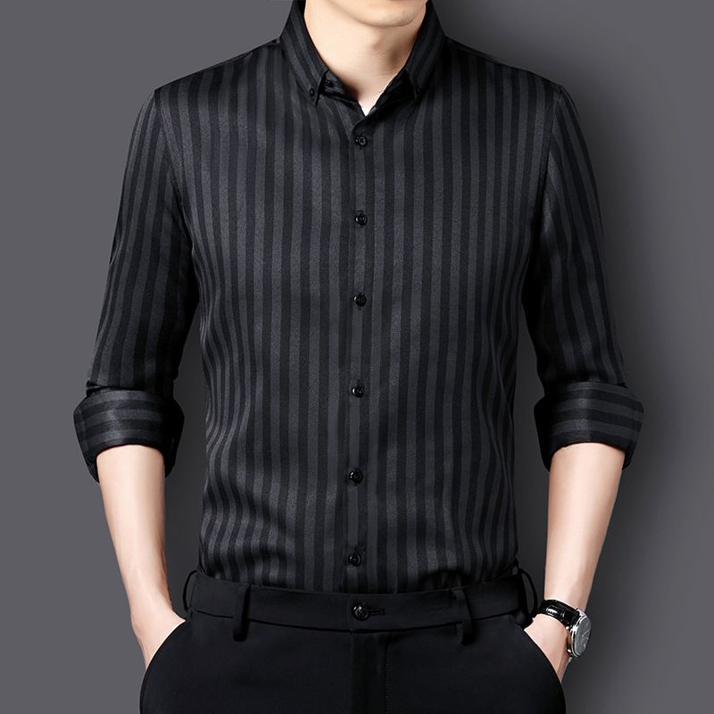 Charcoal Brown Khaki Striped Stretch Cotton Long-Sleeve Slim-Fit Button-Up Shirt