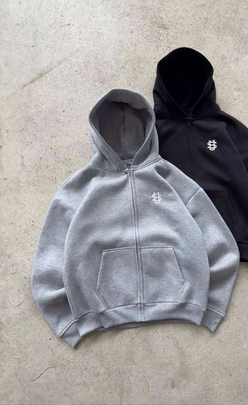 Black and light gray embroidered tracksuit set with wide leg pants