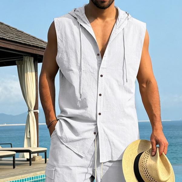Linen Sleeveless Hooded Shirt in Khaki Navy Azure Gray Caramel Black White Army Green