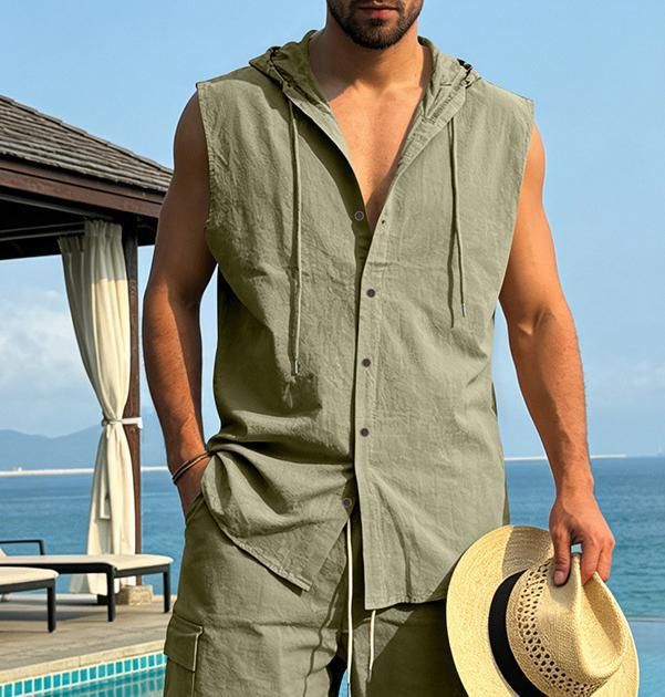 Linen Sleeveless Hooded Shirt in Khaki Navy Azure Gray Caramel Black White Army Green
