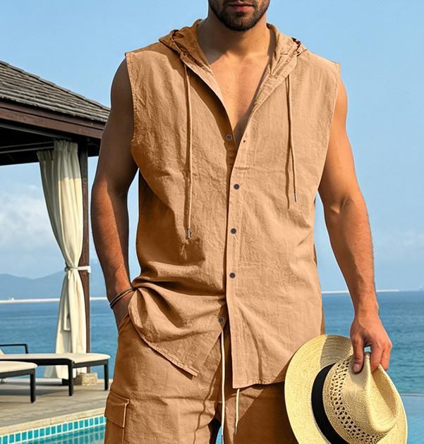 Linen Sleeveless Hooded Shirt in Khaki Navy Azure Gray Caramel Black White Army Green