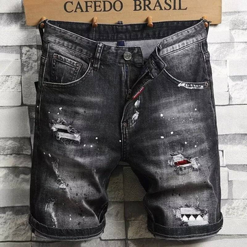 Black Paint-Splattered Denim Shorts with Rips and Patches