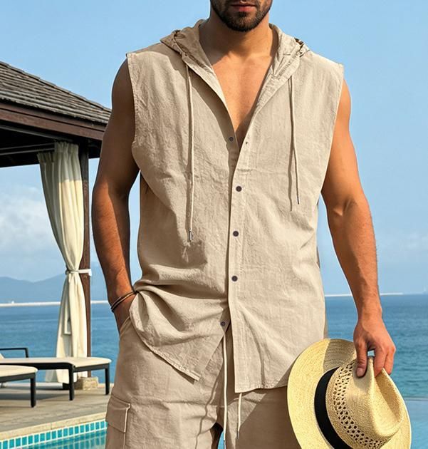 Linen Sleeveless Hooded Shirt in Khaki Navy Azure Gray Caramel Black White Army Green