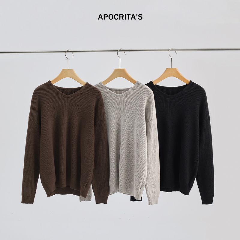 Black and Gray Relaxed-Fit V-Neck Knit Sweater