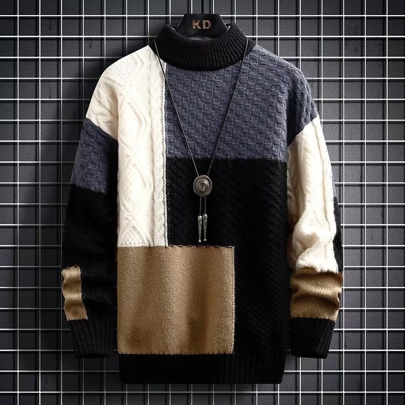 Cable-Knit Color-Block Turtleneck Sweater in Black or Apricot