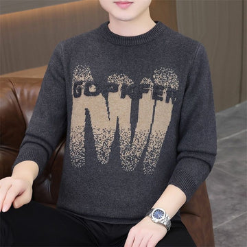Abstract Beige Graphic Knitted Crew Neck Sweater