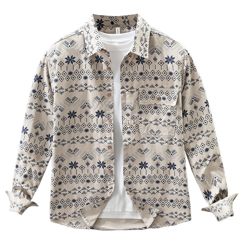 Geometric palm print long sleeve button-up shirt