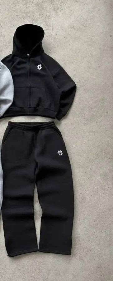 Black and light gray embroidered tracksuit set with wide leg pants