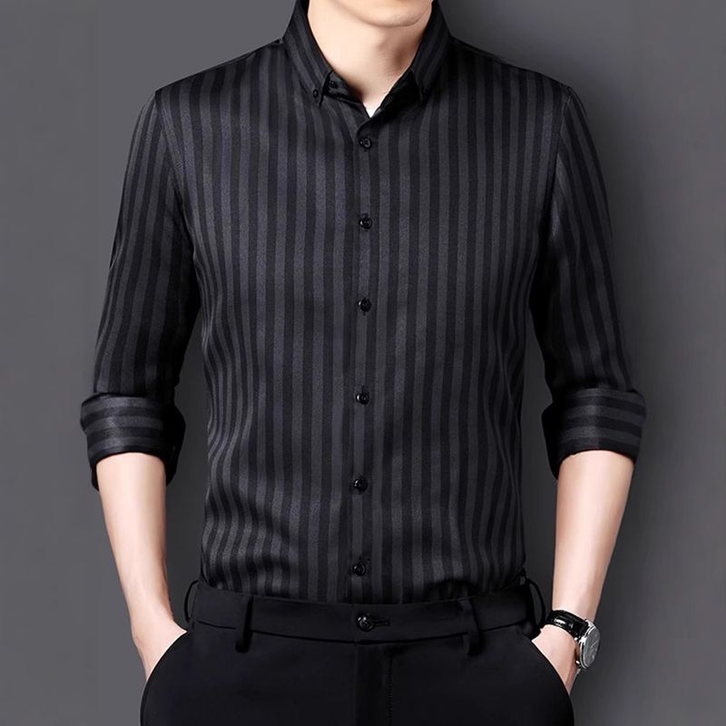 Charcoal Brown Khaki Striped Stretch Cotton Long-Sleeve Slim-Fit Button-Up Shirt