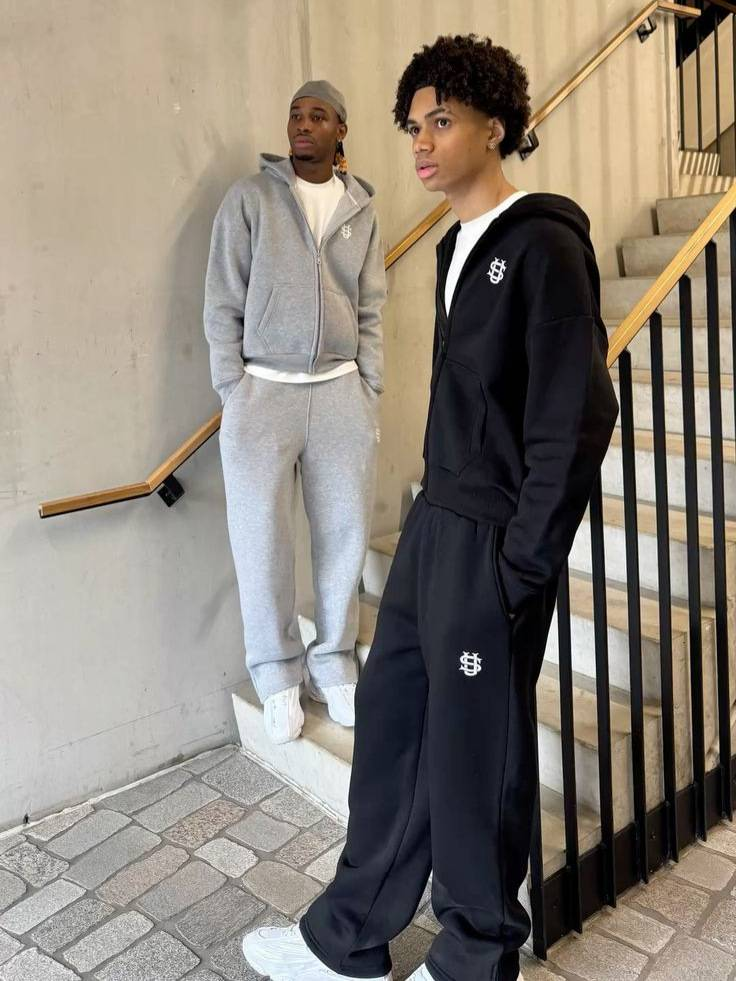 Black and light gray embroidered tracksuit set with wide leg pants