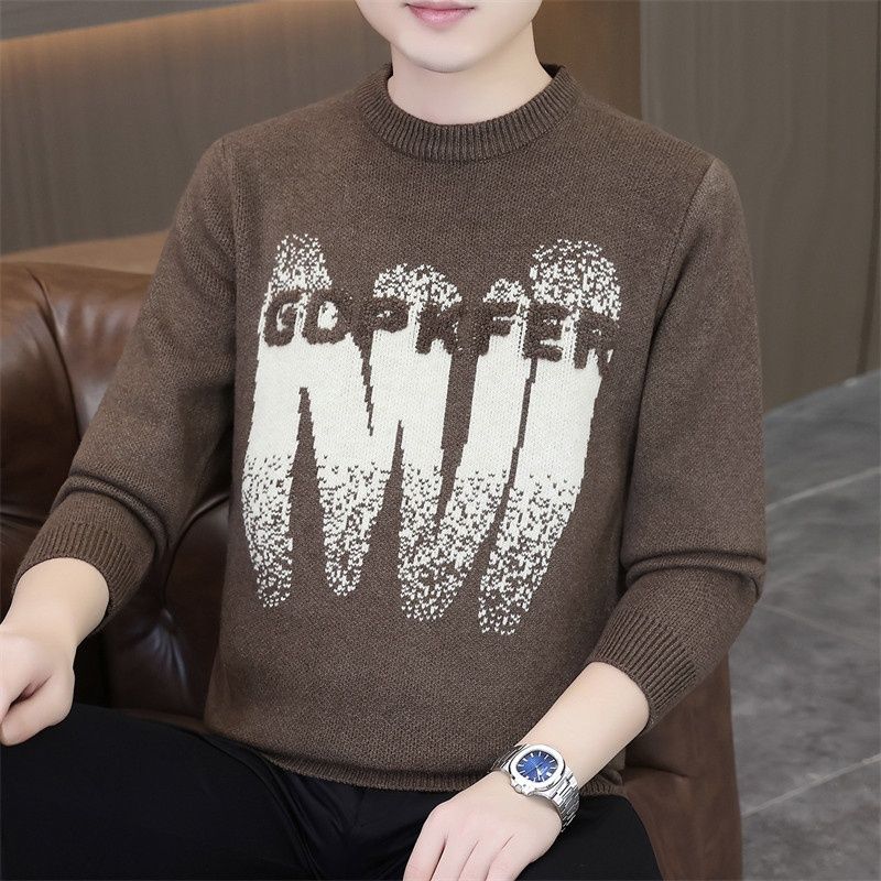 Abstract Beige Graphic Knitted Crew Neck Sweater