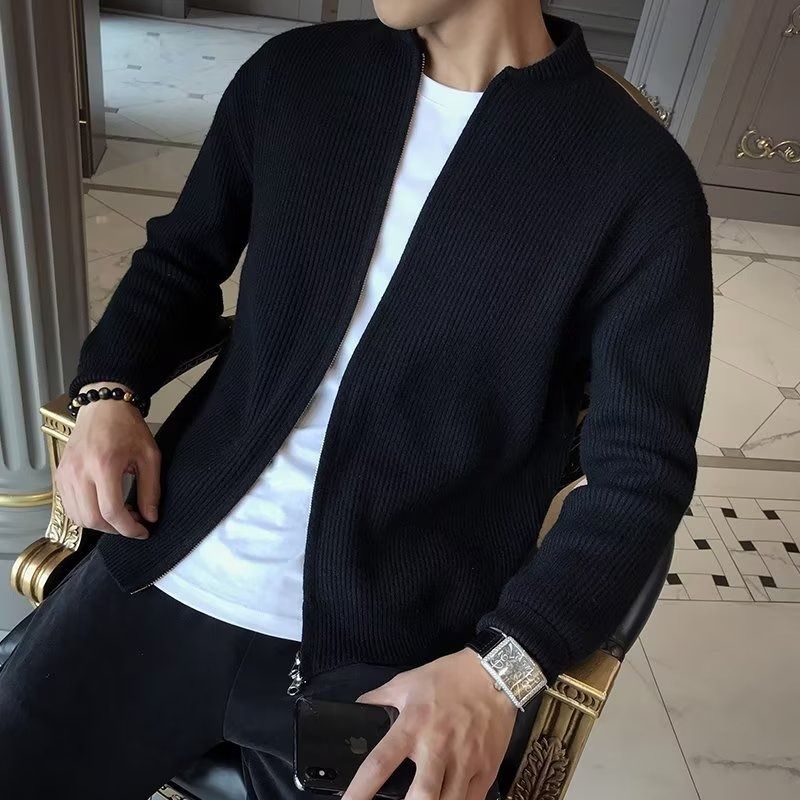 Ribbed Knit Zip-Front Cardigan in Apricot Black or Gray