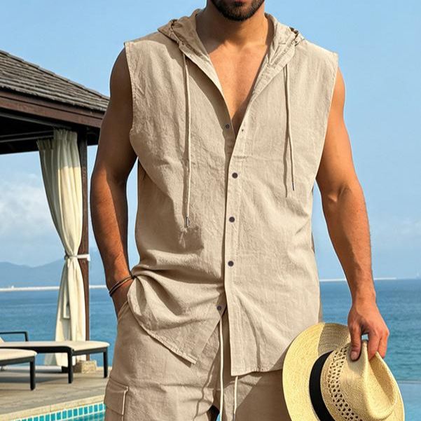 Linen Sleeveless Hooded Shirt in Khaki Navy Azure Gray Caramel Black White Army Green