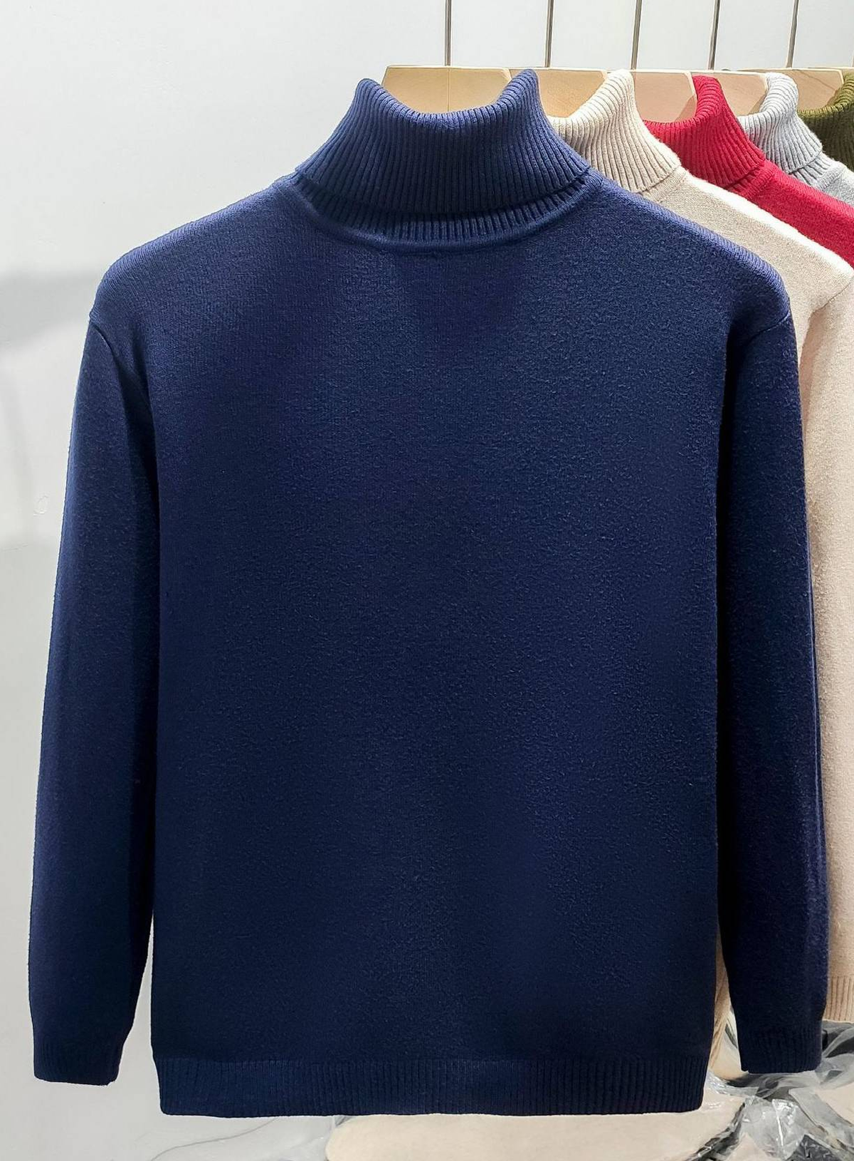Ribbed Turtleneck Wool-Blend Sweater in Camel or Navy