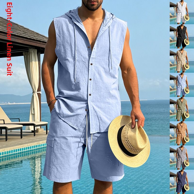 Linen Sleeveless Hooded Shirt in Khaki Navy Azure Gray Caramel Black White Army Green