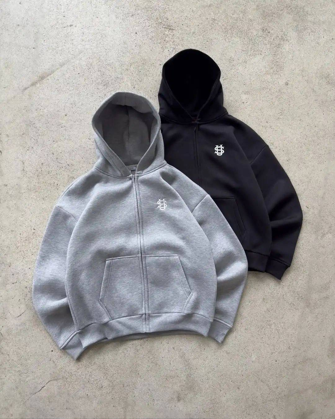 Black and light gray embroidered tracksuit set with wide leg pants