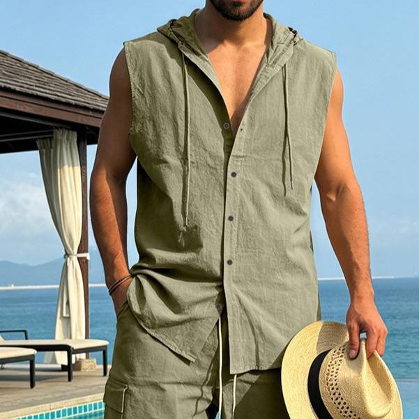 Linen Sleeveless Hooded Shirt in Khaki Navy Azure Gray Caramel Black White Army Green