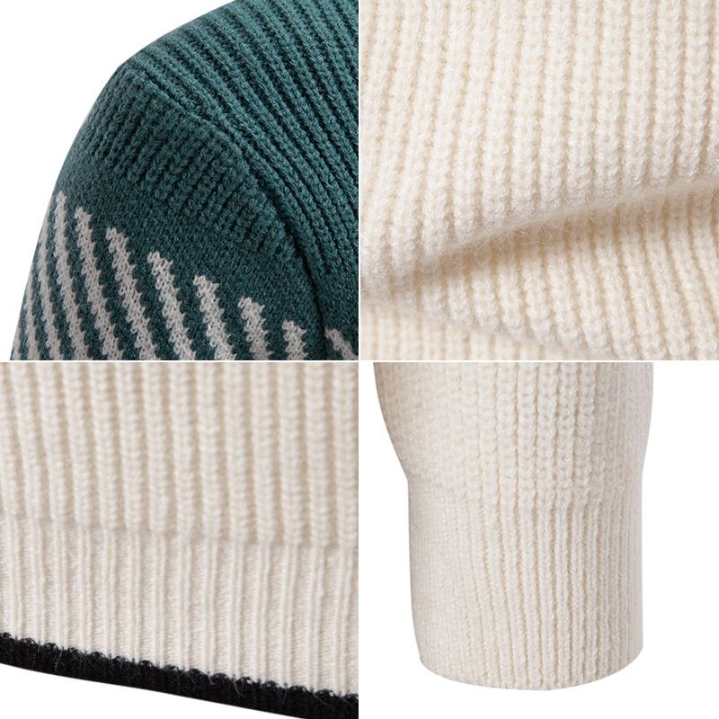 Color-Block Knit Half-Turtleneck Sweater in White Black and Green