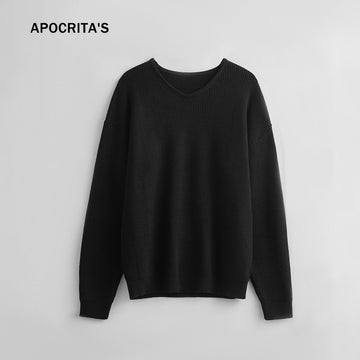 Black and Gray Relaxed-Fit V-Neck Knit Sweater