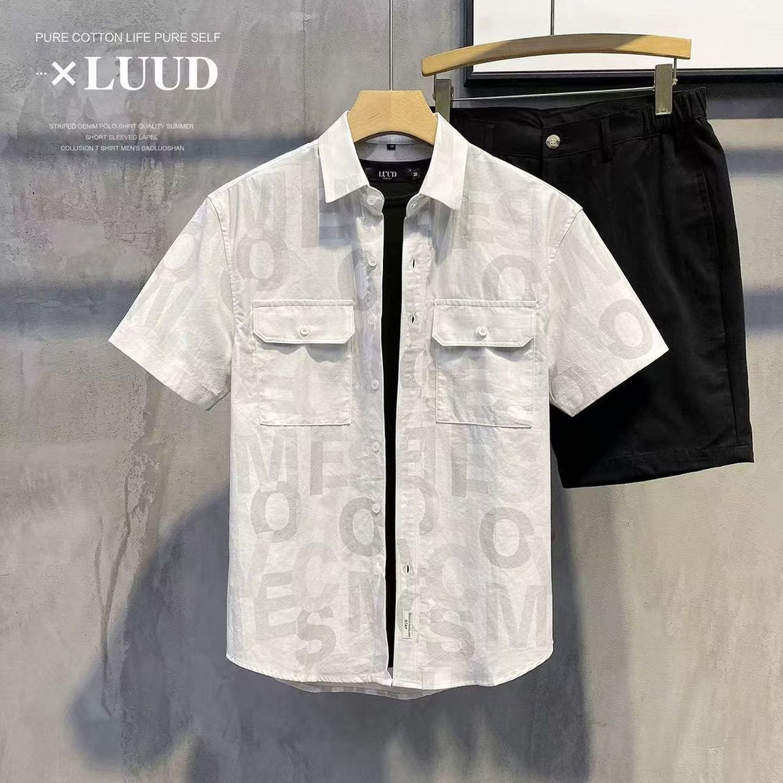 Casual short sleeve button-up shirt with abstract letter print