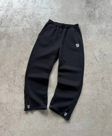 Black and light gray embroidered tracksuit set with wide leg pants