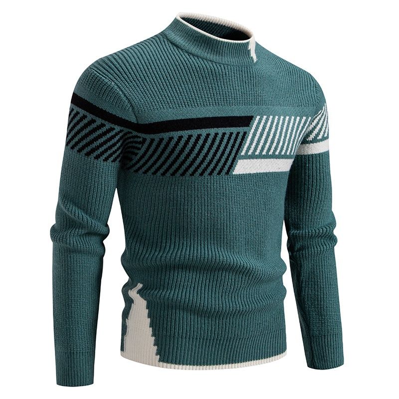 Color-Block Knit Half-Turtleneck Sweater in White Black and Green