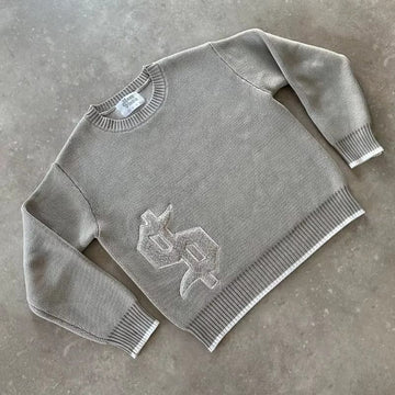 Embroidered crewneck sweater in relaxed knit grey