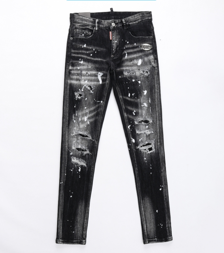 Black Distressed Paint-Splatter Slim-Fit Stretch Denim Jeans