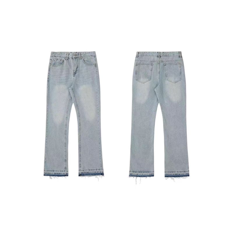 Distressed flared jeans with frayed hem and vintage grey wash