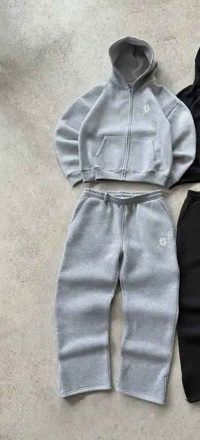 Black and light gray embroidered tracksuit set with wide leg pants